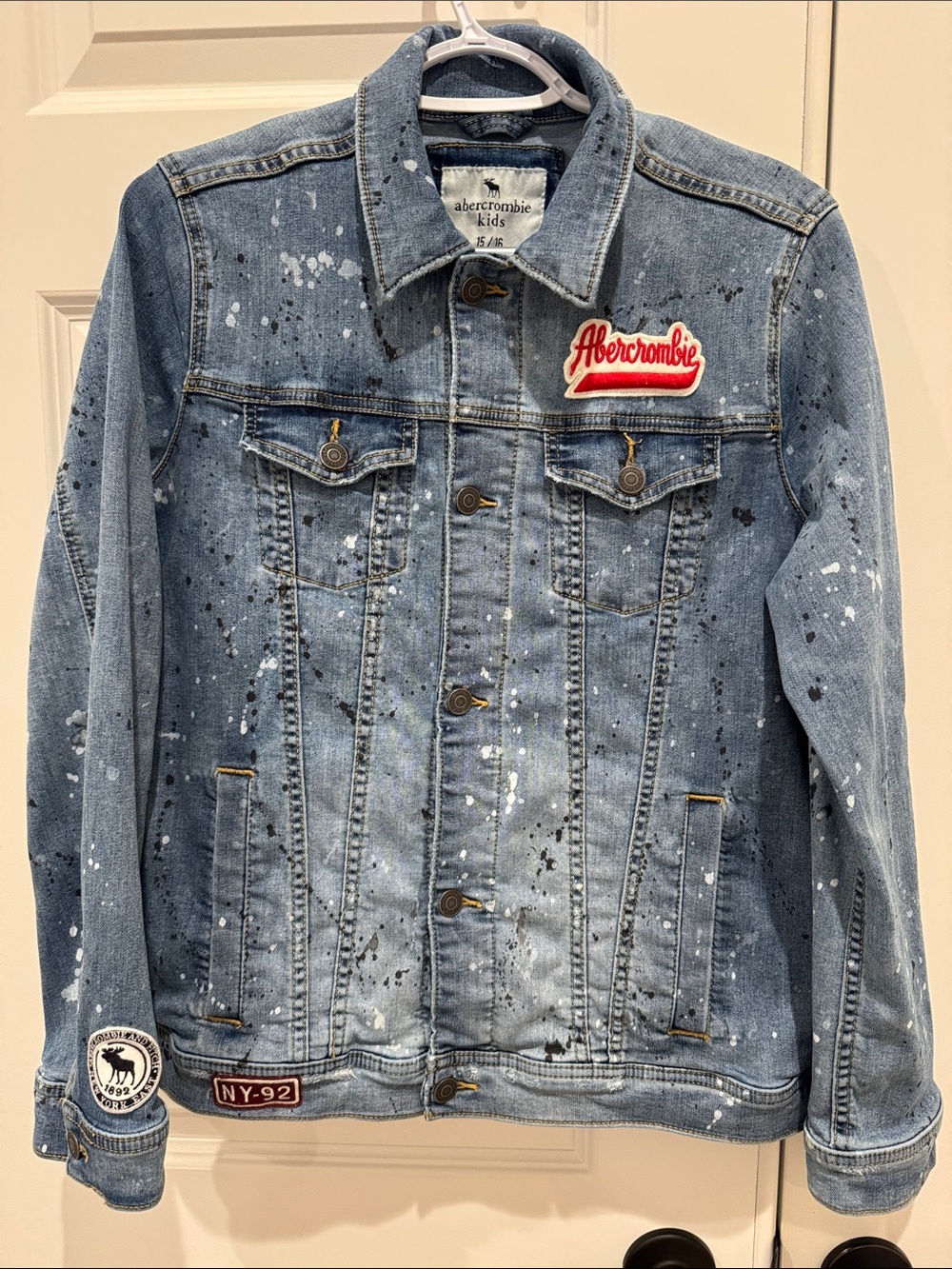 Abercrombie Kids Paint-Splatter Denim Jacket Blue Size 15/16